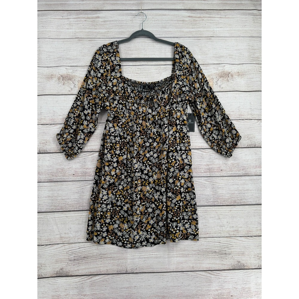 Volcom J'aime This Dress Kids XL Black Floral Smocked Back B1332308